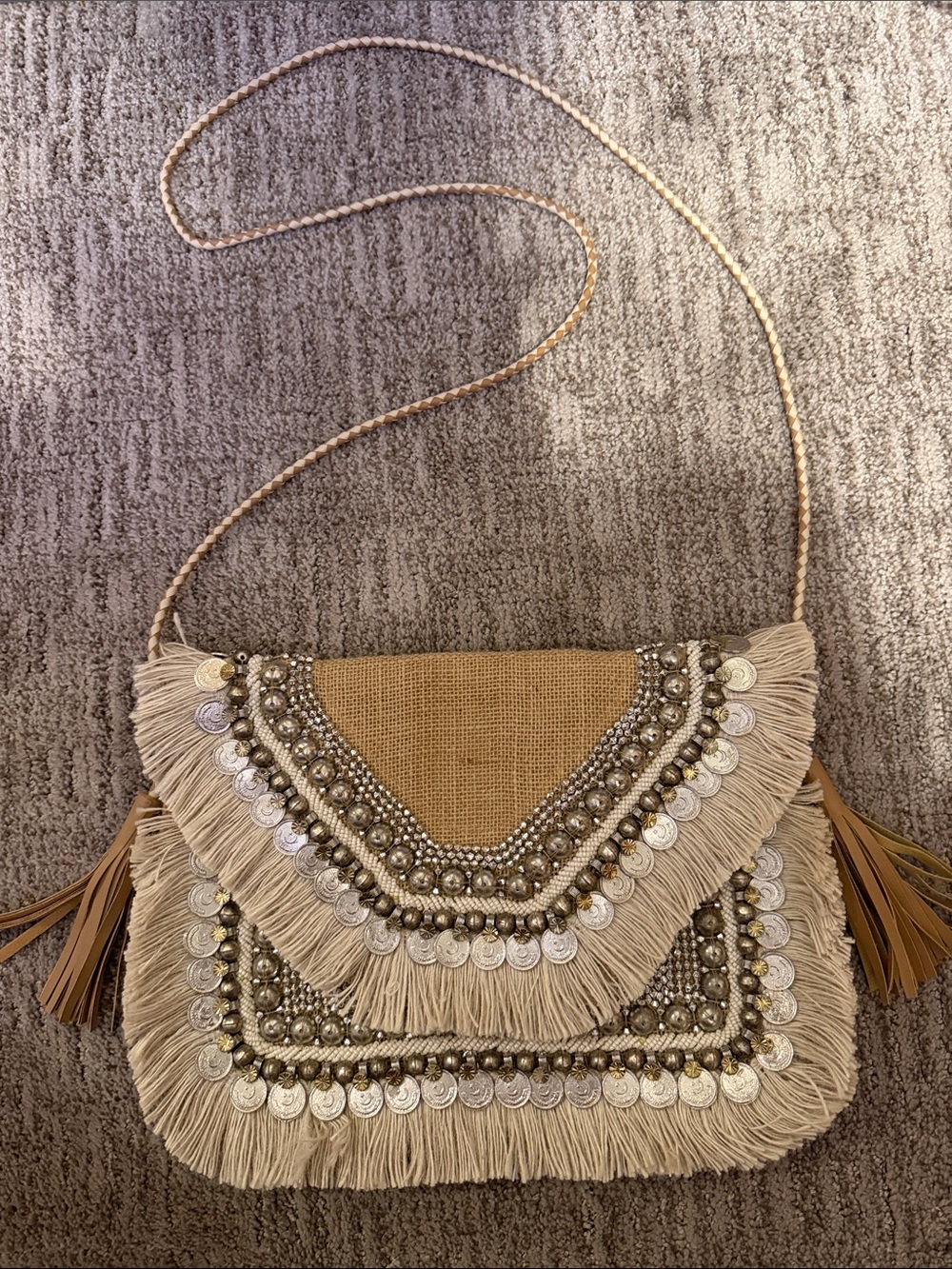 REVOLVE Beige Fringe Crossbody with Coin & Bead Detail